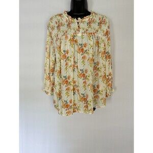 Cupcakes And Cashmere Top Women's Size XL White Coral Pink Floral Smocked Blouse